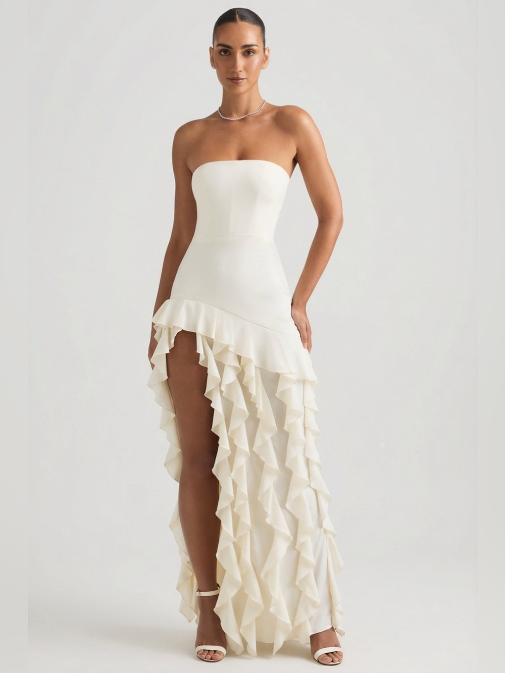 Oh Polly Ivory Diletta Strapless Ruffle High-Slit Gown NWT size 2